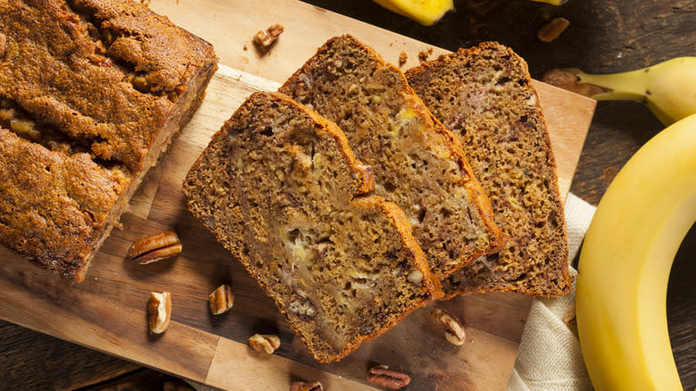 Sliced banana bread on board