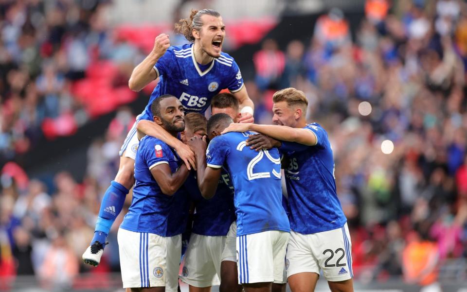 Leicester City's players celebrate the goal that won them the FA Community Shield  - Getty