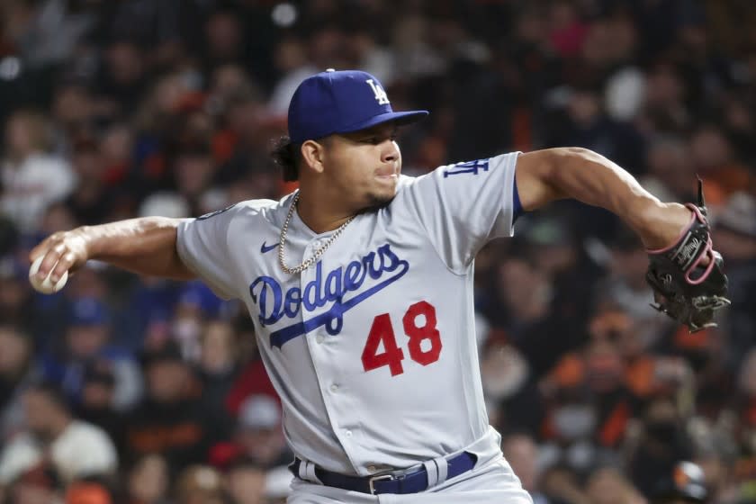 San Francisco, CA - October 08: Los Angeles Dodgers relief pitcher Brusdar Graterol delivers a pitch during the seventh inning against the San Francisco Giants at Oracle Park on Friday, Oct. 8, 2021 in San Francisco, CA. (Robert Gauthier / Los Angeles Times)