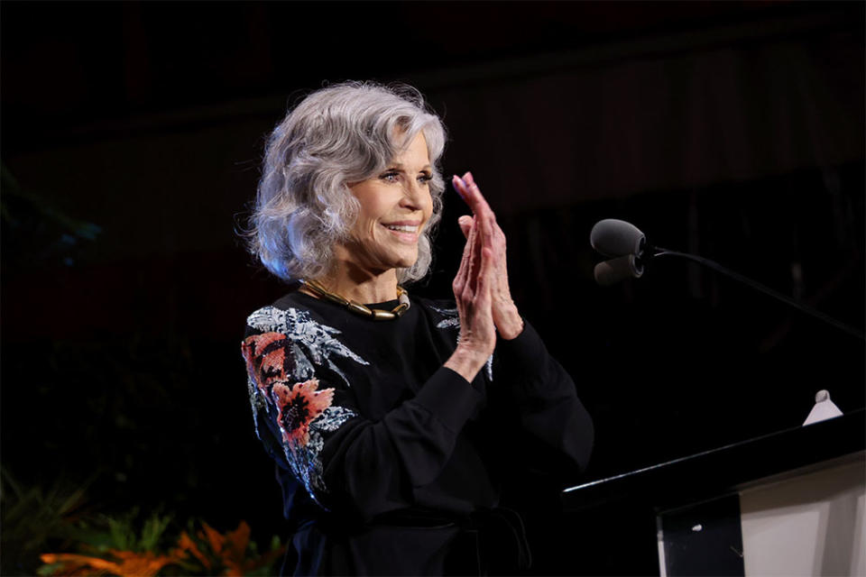 Jane Fonda speaks onstage during The 33rd Annual EMA Awards Gala honoring Laura Dern, sponsored by Toyota, at Sunset Las Palmas Studios on January 27, 2024 in Los Angeles, California.