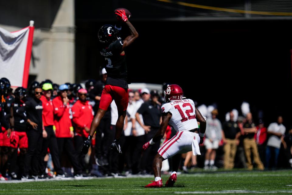 Cincinnati Bearcats wide receiver Dee Wiggins (2) catches a pass in the second quarter of the NCAA Big 12 football game between the Cincinnati Bearcats and the Oklahoma Sooners at Nippert Stadium in Cincinnati on Saturday, Sept. 23, 2023.