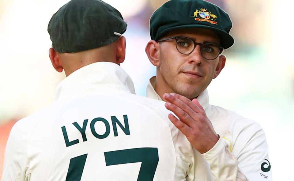 Todd Murphy, pictured here being congratulated by Nathan Lyon after taking seven wickets in his Test debut.