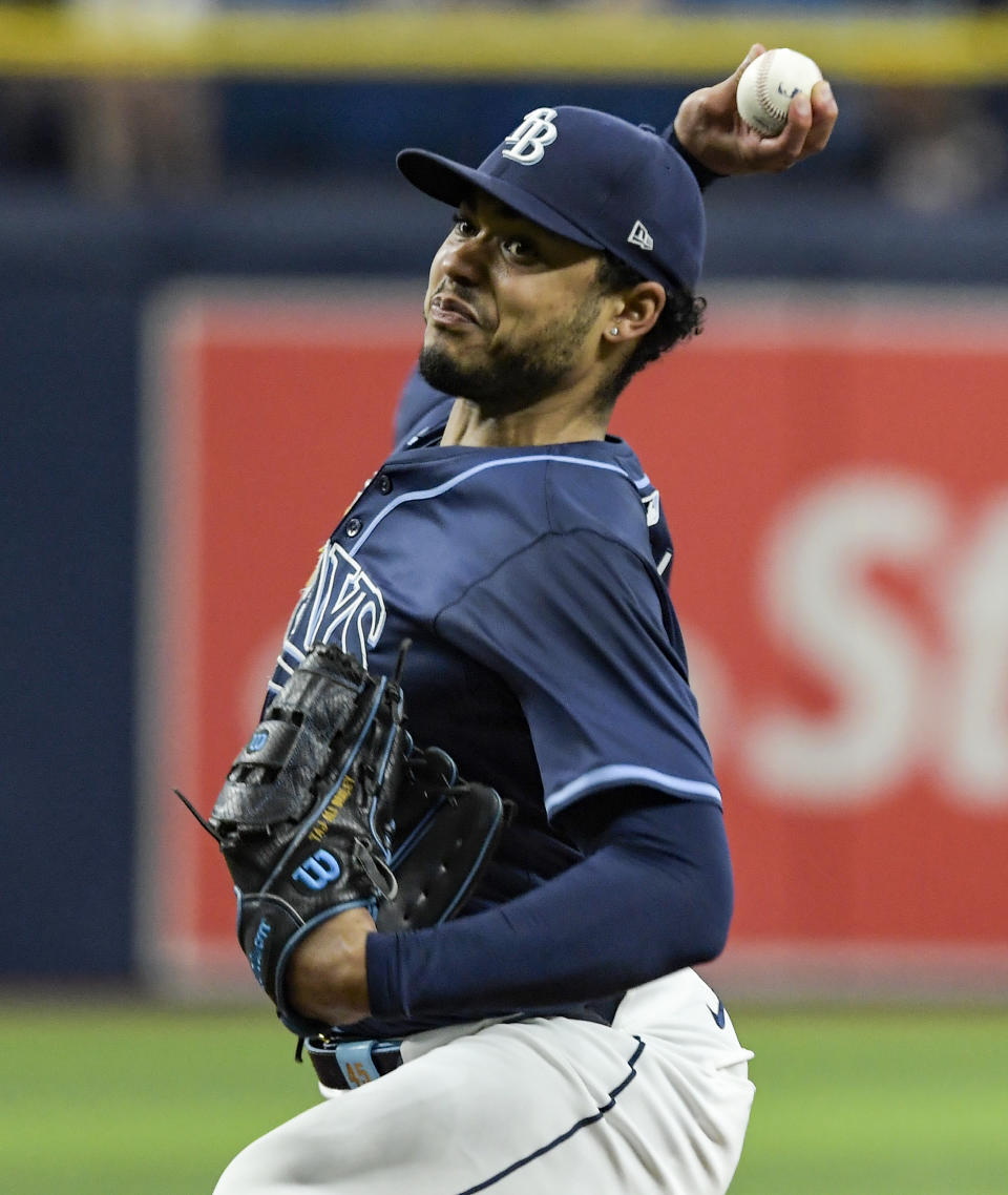 Tampa Bay Rays starter Taj Bradley pitches against the Seattle Mariners during the third inning of a baseball game Monday, June 24, 2024, in St. Petersburg, Fla. (AP Photo/Steve Nesius)