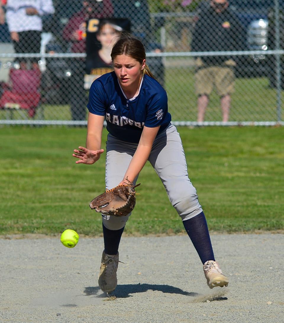 Somerset Berkley’s Gabriella Nugent fields a ground ball during Wednesdays against Case.