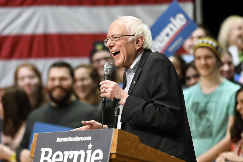 Democratic presidential candidate U.S. Sen. Bernie Sanders, I-Vt., speaks during a rally at Belk Theater at Blumenthal Performing Arts in Charlotte, N.C., Friday, Feb. 14, 2020. (David Foster III/The Charlotte Observer via AP)