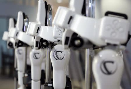 The logos of Japan's robot venture company Cyberdyne are seen on the Lower Limb Model HAL (Hybrid Assistive Limb) for welfare use at the Cyberdyne studio in Tsukuba, north of Tokyo July 22, 2014. REUTERS/Yuya Shino