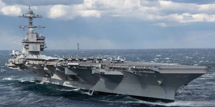 The aircraft carrier USS Gerald R. Ford (CVN 78) transits the Atlantic Ocean, March 26, 2022.