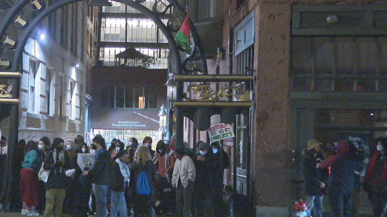 A pro-Palestinian camp set up at Emerson College on Monday, April 22, 2024. / Credit: CBS Boston