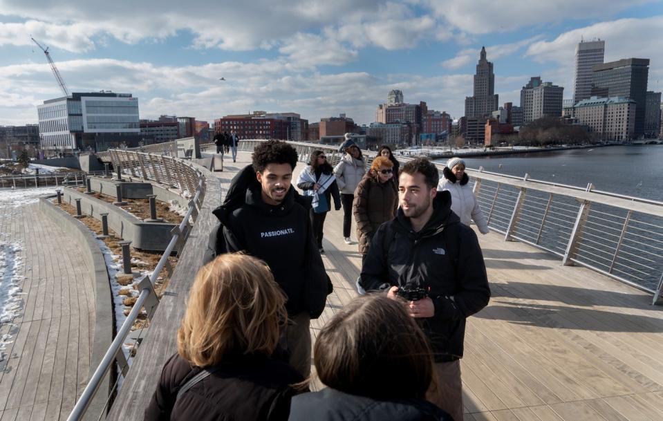 Providence's pedestrian bridge is a prime spot for Lucas Taxter and Aaron Loewenstein to approach people for their Passion Street Media videos.