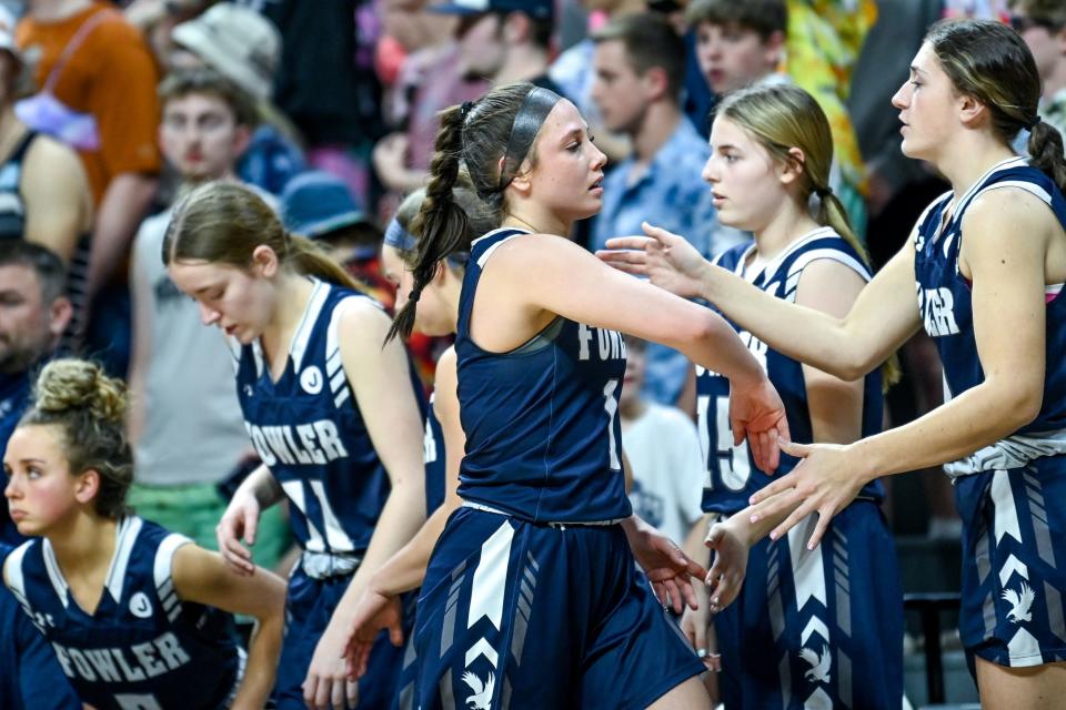 Fowler's Emma Riley would out of the game against Baraga during the fourth quarter on Thursday, March 16, 2023, at the Breslin Center in East Lansing.