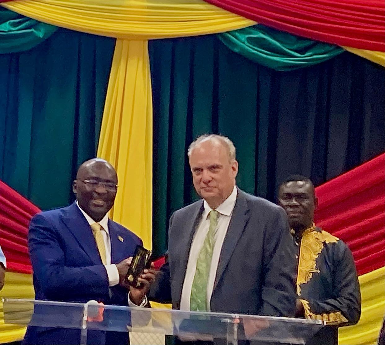 Ghanaian Vice President Mahamudu Bawumia receives a key to the city from Mayor Joseph M. Petty on a visit to Good Shepherd Methodist Church on Saturday in Worcester.