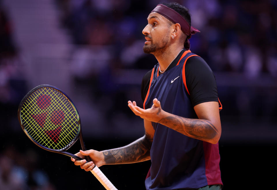 Nick Kyrgios, pictured here in action at the World Tennis League in Dubai in December.