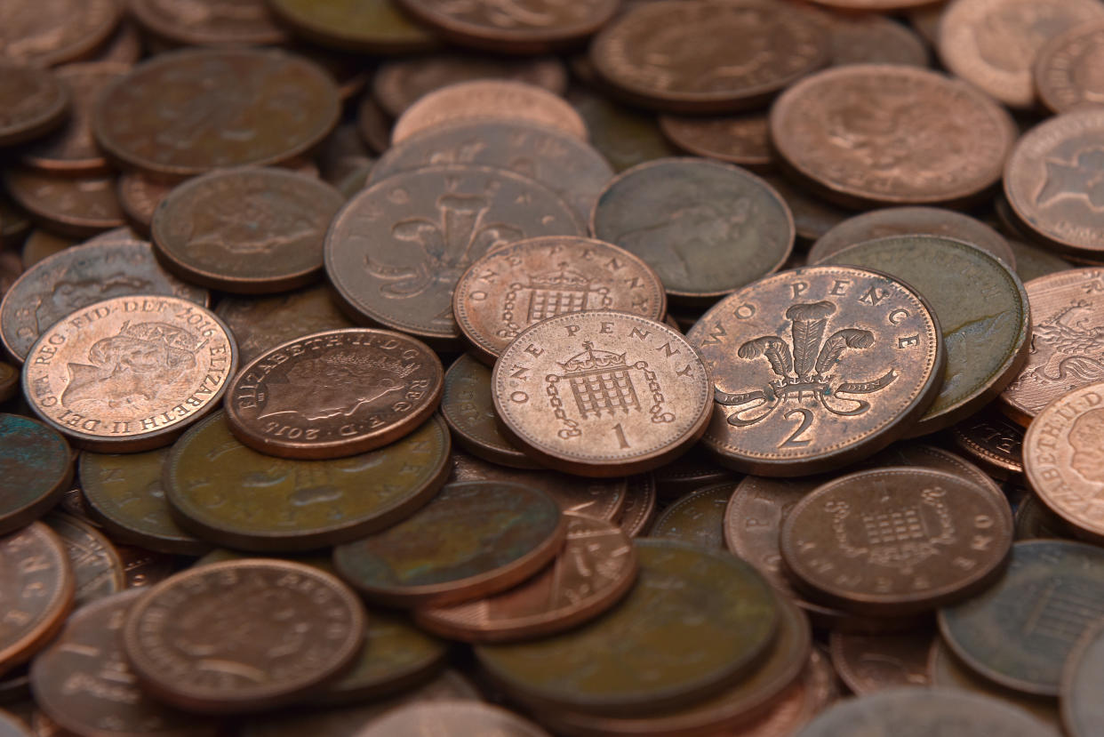 A general view of one (1P, penny) and two (2P) pence copper coins on August 23, 2018 in London, England. Photo: Keeble/Getty Images