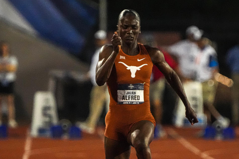 Texas athlete Julien Alfred competes in the 100-meter dash at the 2023 NCAA outdoor track and field championships on Saturday, June 10, 2023 at Mike A. Myers Stadium in Austin, Texas.