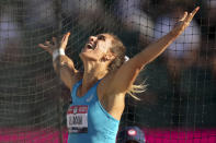 Valarie Allman celebrates during the finals of women's discus throw at the U.S. Olympic Track and Field Trials Saturday, June 19, 2021, in Eugene, Ore. (AP Photo/Charlie Riedel)