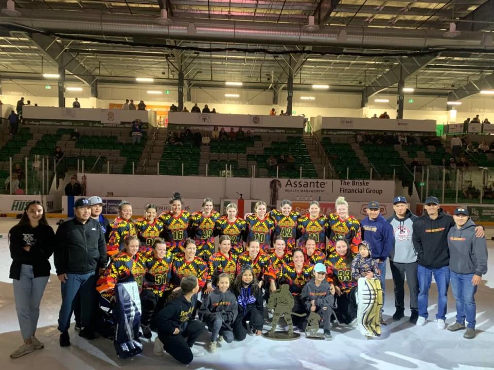 The Mistawasis Sagestrong celebrate becoming the first ever Fred Sasakamoose 'Chief Thunderstick' National Women's Champions.  (Robin Daniels - image credit)