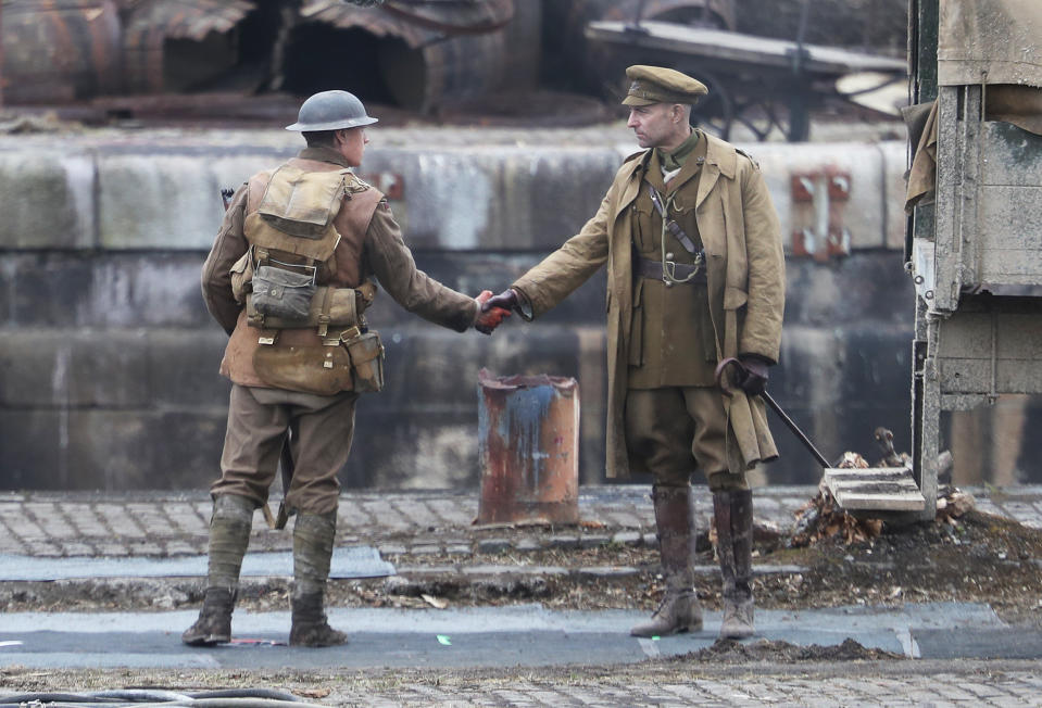 Actors Mark Strong (right) and George Mackay on the set of Sam Mendes' new film 1917 during filming at Govan Docks in Glasgow. (Photo by Andrew Milligan/PA Images via Getty Images)