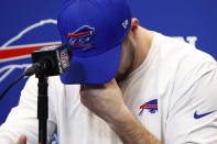 Buffalo Bills quarterback Josh Allen speaks with the media, Thursday Jan. 5, 2023, in Orchard Park, N.Y. Bills safety Damar Hamlin was taken to the hospital after collapsing on the field during the Bill's NFL football game against the Cincinnati Bengals on Monday night. (AP Photo/Jeffrey T. Barnes)