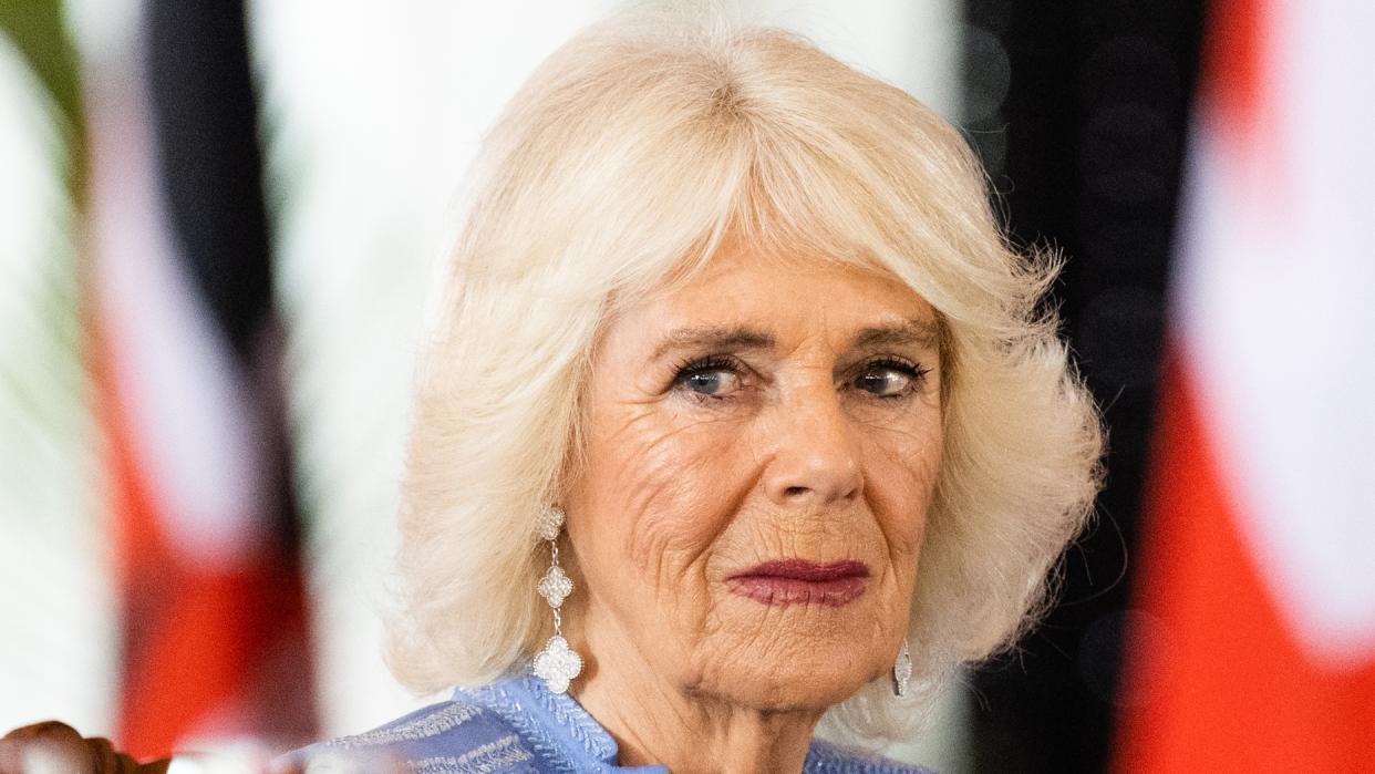  Queen Camilla's blue tunic as she attends a State Banquet hosted by President Ruto . 