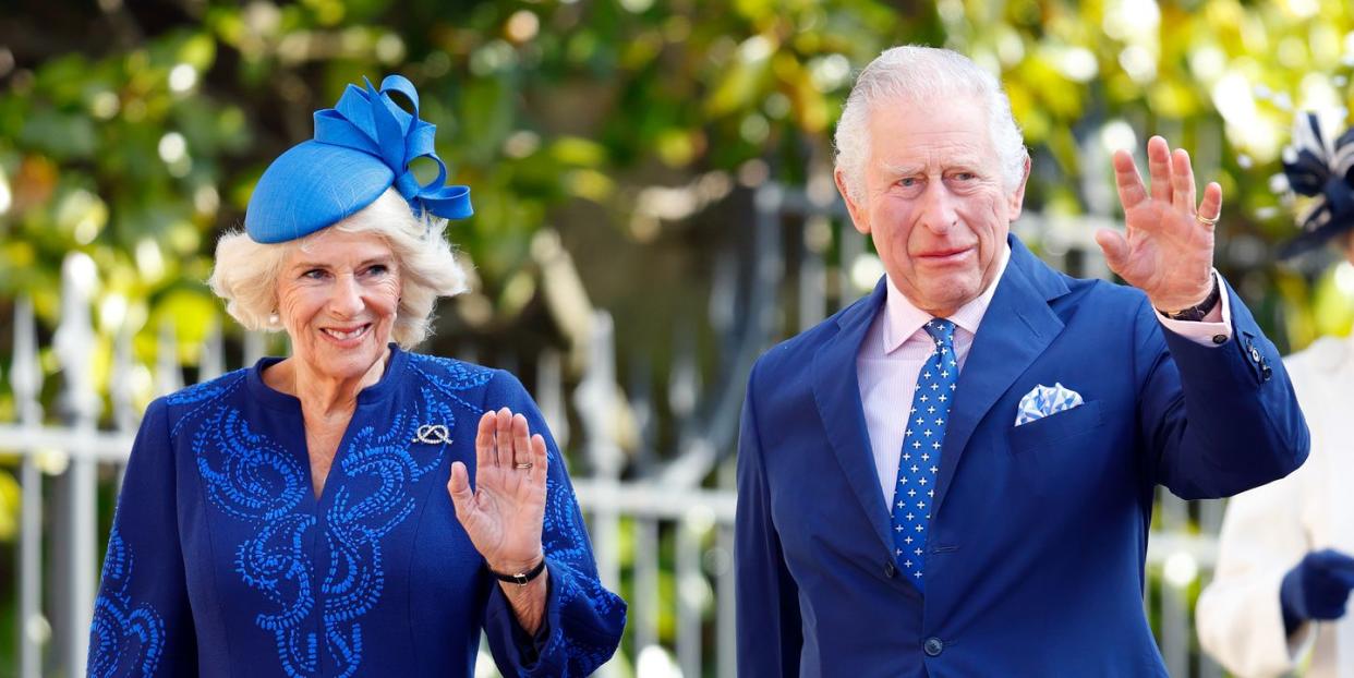 camilla, queen consort and king charles iii attend the traditional easter sunday service in matching blue outfits they are waving to crowds and photographers on the way to church