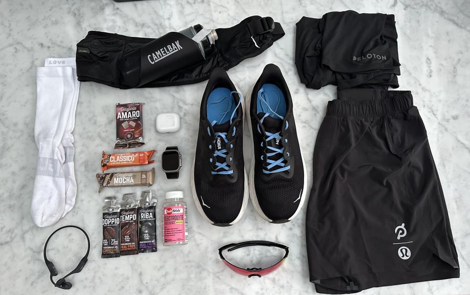  Flat lay of what Ben Alldis will wear and use for the London Marathon 2024. 