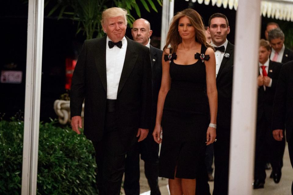 Melania Trump shows up to a party at Mar-a-Lago looking ravishing in black D&G. (Photo: Getty)