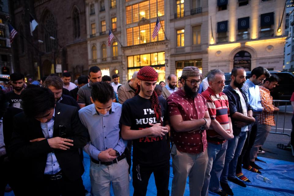 During the event, which took place on Fifth Avenue -- one of the busiest streets in New York City -- Muslims and allies prayed together, awaiting sunset&nbsp;when they would break their fast.