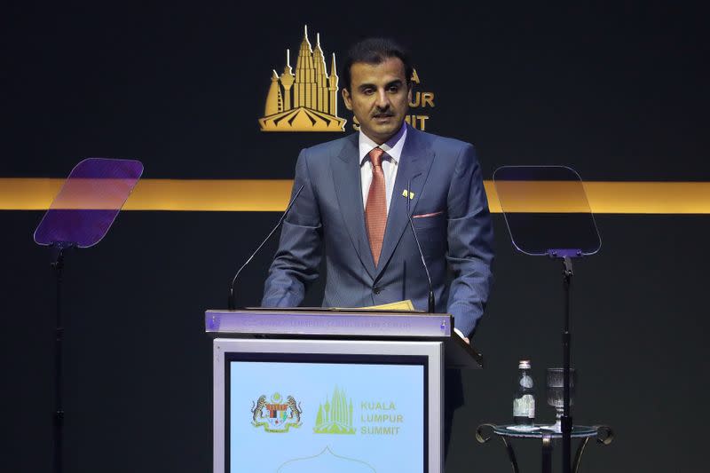 Qatar's Emir Sheikh Tamim bin Hamad Al Thani speaks during Kuala Lumpur Summit in Kuala Lumpur