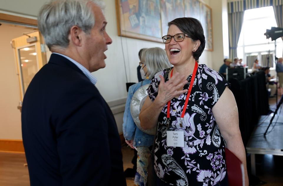 Thomas Griffith, former federal judge of the United States Court of Appeals for the District of Columbia Circuit, talks to Tami Pyfer, UNITE chief of staff and external vice president, at the Braver Angels National Convention at Gettysburg College in Gettysburg, Pa., on Thursday, July 6, 2023. | Kristin Murphy, Deseret News