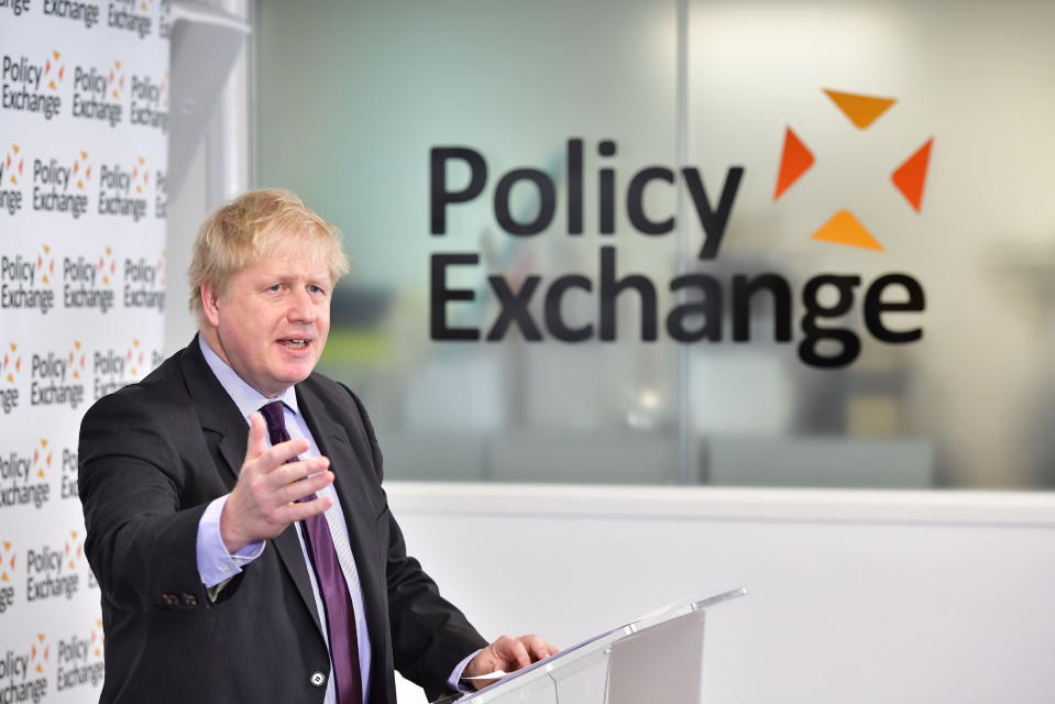 Foreign Secretary Boris Johnson delivers a speech at the Policy Exchange in London. (Dominic Lipinski/PA via AP)