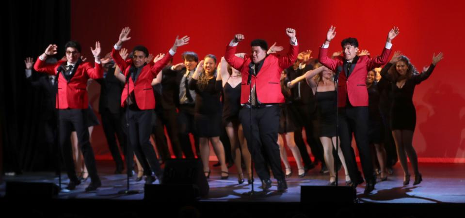 The cast of "Jersey Boys" from Archbishop Stepinac High School performs a scene at the Metropolitan High School Theater Awards at the Tarrytown Music Hall June 12, 2023.