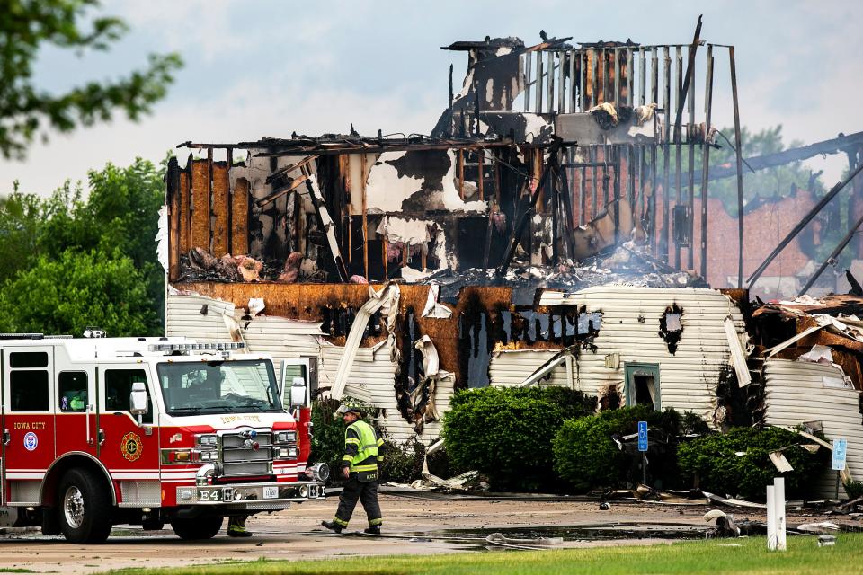 Extensive damage is seen as Iowa City and West Branch fire departments respond to a fire that destroyed a church Saturday at 4643 American Legion Road in Iowa City.
