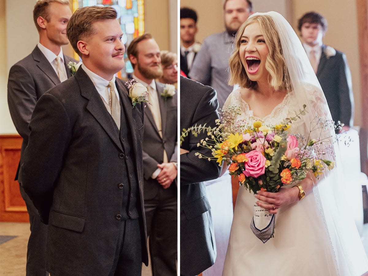 A side-by-side of a groom and bride seeing each other during their wedding ceremony.
