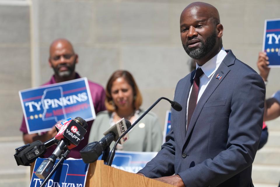 Attorney Ty Pinkins speaks at the Capitol in Jackson, Miss., about his becoming the new nominee of the Mississippi Democratic Party for secretary of state to replace a candidate who left the race because of health problems, Thursday, Sept. 7, 2023. Pinkins faces Republican incumbent Michael Watson in the Nov. 7 general election.