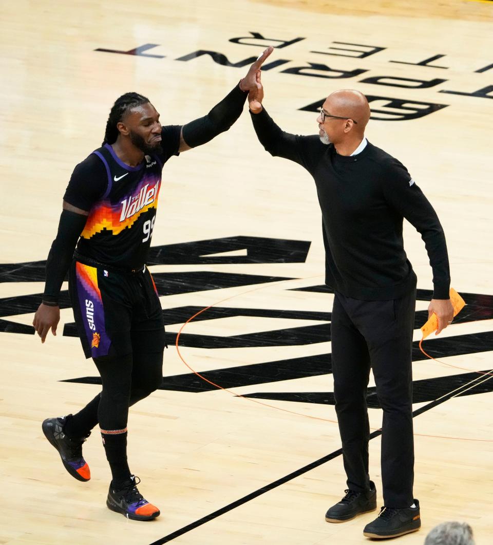 May 10, 2022; Phoenix, Arizona, USA; Phoenix Suns forward Jae Crowder (99) high-fives Phoenix Suns head coach Monty Williams during game five of the second round for the 2022 NBA playoffs at Footprint Center.