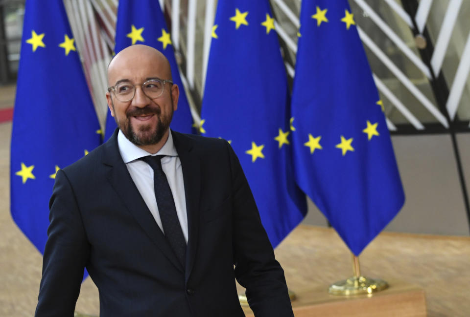 European Council President Charles Michel arrives for an EU summit at the European Council building in Brussels, Thursday, Feb. 20, 2020. After almost two years of sparring, the EU will be discussing the bloc's budget to work out Europe's spending plans for the next seven years. (AP Photo/Riccardo Pareggiani)