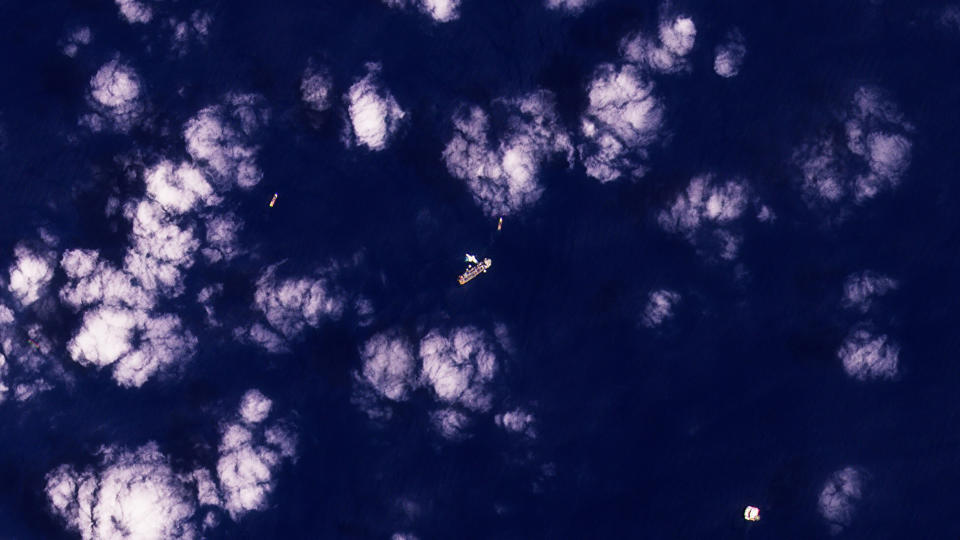 This satellite image from Planet Labs PBC shows the Marshall Islands-flagged Energean Power floating production storage and offloading vessel in the Karish Field area of the Mediterranean Sea Sunday, June 5, 2022. The Lebanese government invited on Monday, June 6, 2022, a U.S. envoy mediating between Lebanon and Israel over their disputed maritime border to return to Beirut as soon as possible to work out an agreement amid rising tensions along the border. On Sunday, Lebanon warned Israel not to start drilling in the Karish field and President Michel Aoun said maritime border negotiations have not ended, adding that any move by Israel will be considered “a provocation and hostile act.” (Planet Labs PBC via AP)