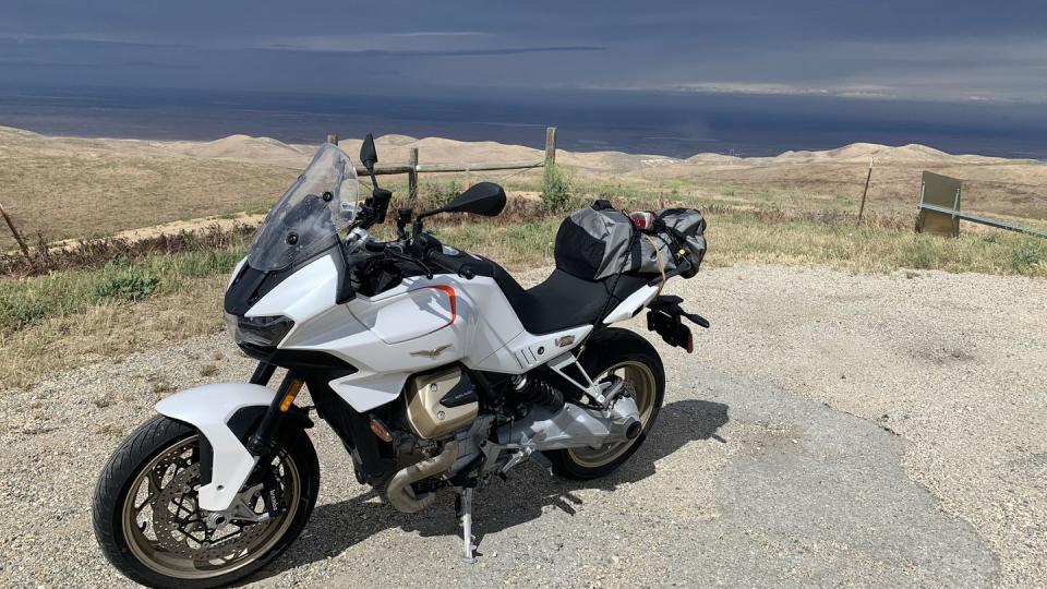 a motorcycle parked on a road