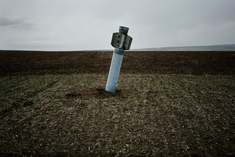 An unexploded rocket in field in rural Ukraine