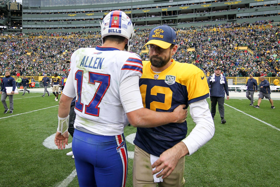 Josh Allen and the Bills will hope to have more success against Aaron Rodgers and the Packers than they did in their last meeting. (Photo by Dylan Buell/Getty Images)