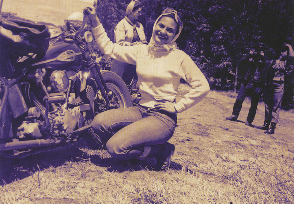 Patricia along side her 1940's Knucklehead.