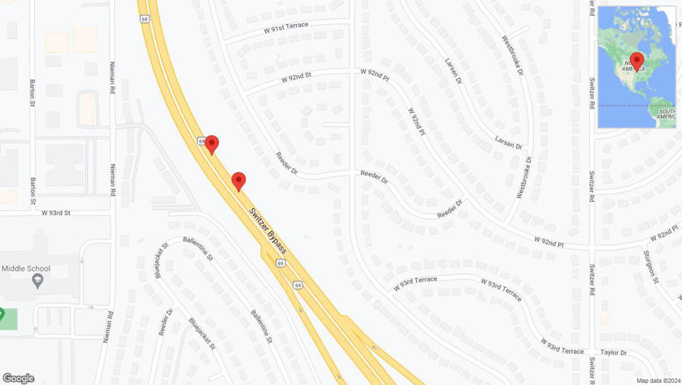 A detailed map that shows the affected road due to 'Broken down vehicle on northbound US-69 in Overland Park' on January 2nd at 8:42 p.m.