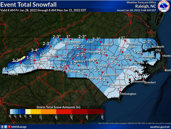 Expected snowfall totals from Friday, Jan. 28 to Saturday, Jan. 29, 2022.