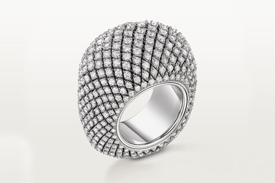 <a href="https://www.cartier.com/en-us/jewelry/rings/coussin-de-cartier-ring-CRH4415100.html" rel="nofollow noopener" target="_blank" data-ylk="slk:Coussin de Cartier ring in 18-k white gold with diamonds,;elm:context_link;itc:0;sec:content-canvas" class="link ">Coussin de Cartier ring in 18-k white gold with diamonds,</a> $83,500, at Cartier, 2100 Northern Blvd., Manhasset, LI
