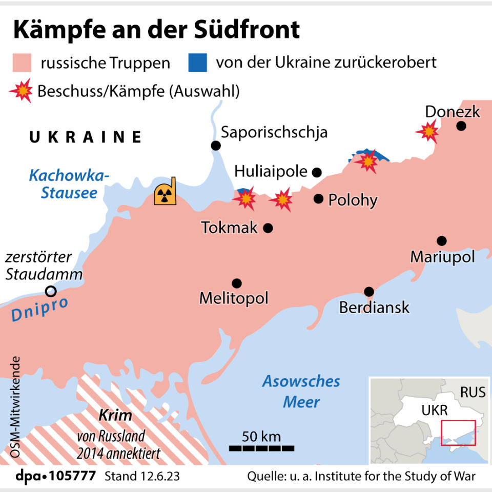 Kämpfe an der Südfront (Grafik: dpa/A. Brühl, Redaktion: D. Loesche)