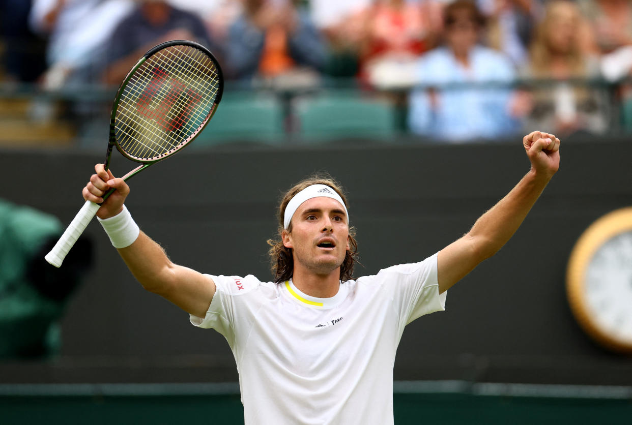 Tennis - Wimbledon - All England Lawn Tennis and Croquet Club, London, Britain - June 30, 2022 Greece's Stefanos Tsitsipas celebrates winning his second round match against Australia's Jordan Thompson REUTERS/Hannah Mckay