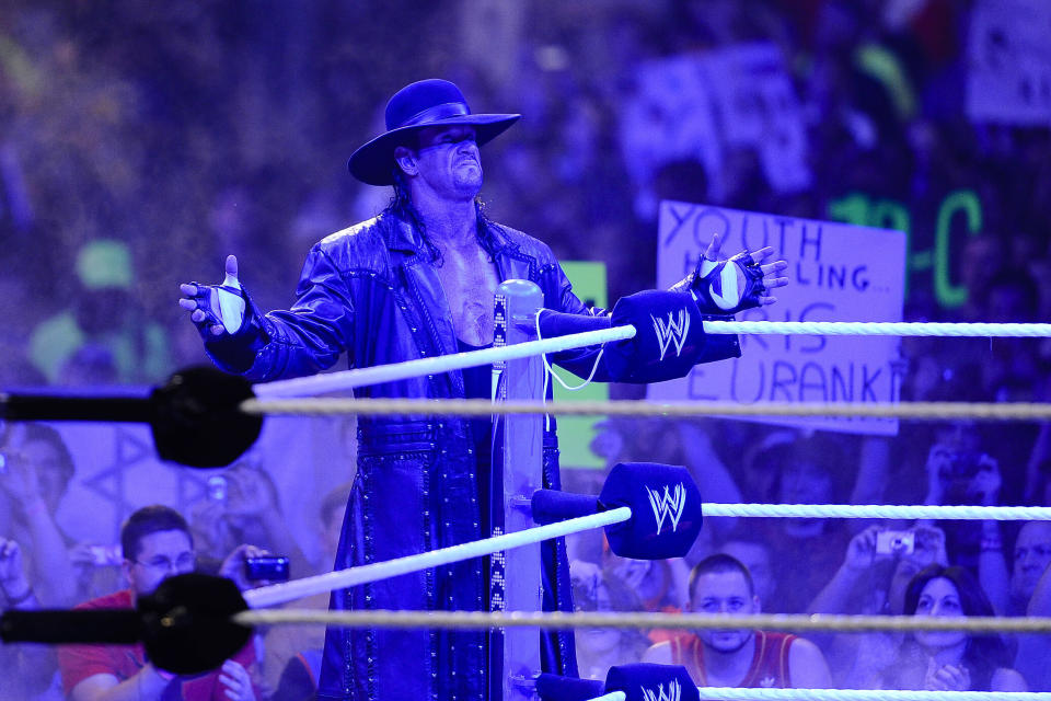 WWE Superstar Undertaker during WrestleMania XXVII at the Georgia Dome in Atlanta, Georgia on Sunday, April 3, 2011. (Paul Abell/AP Images for WWE Corp.)