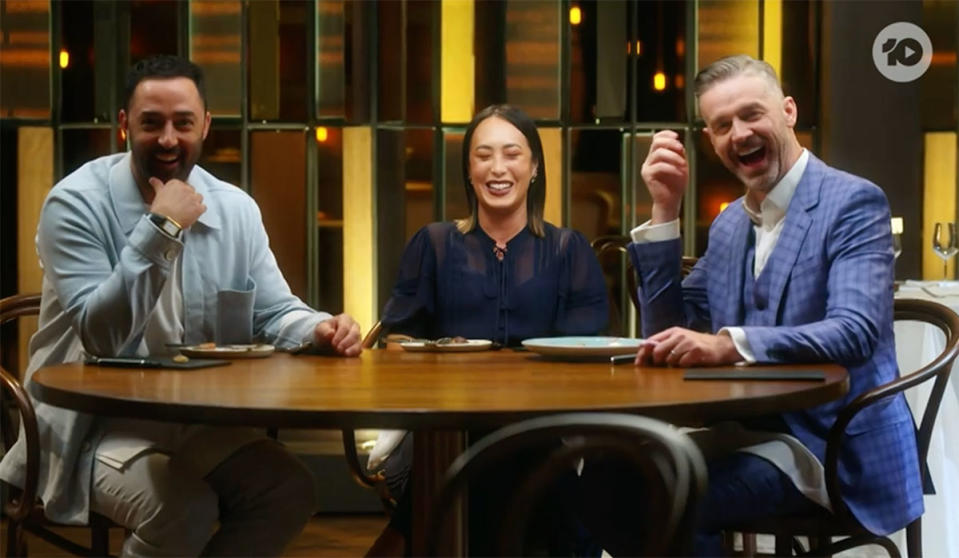 Jock, Andy Allen and Melissa Leong laughing on MasterChef 2023