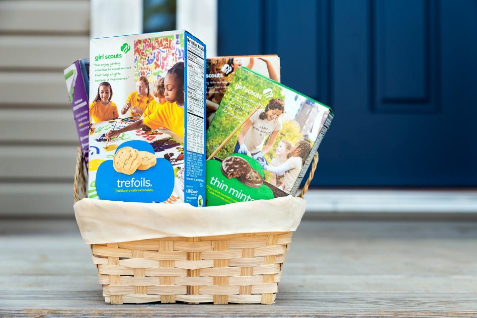 Assortment of packaged Girl Scout cookies in a basket delivered on a front porch