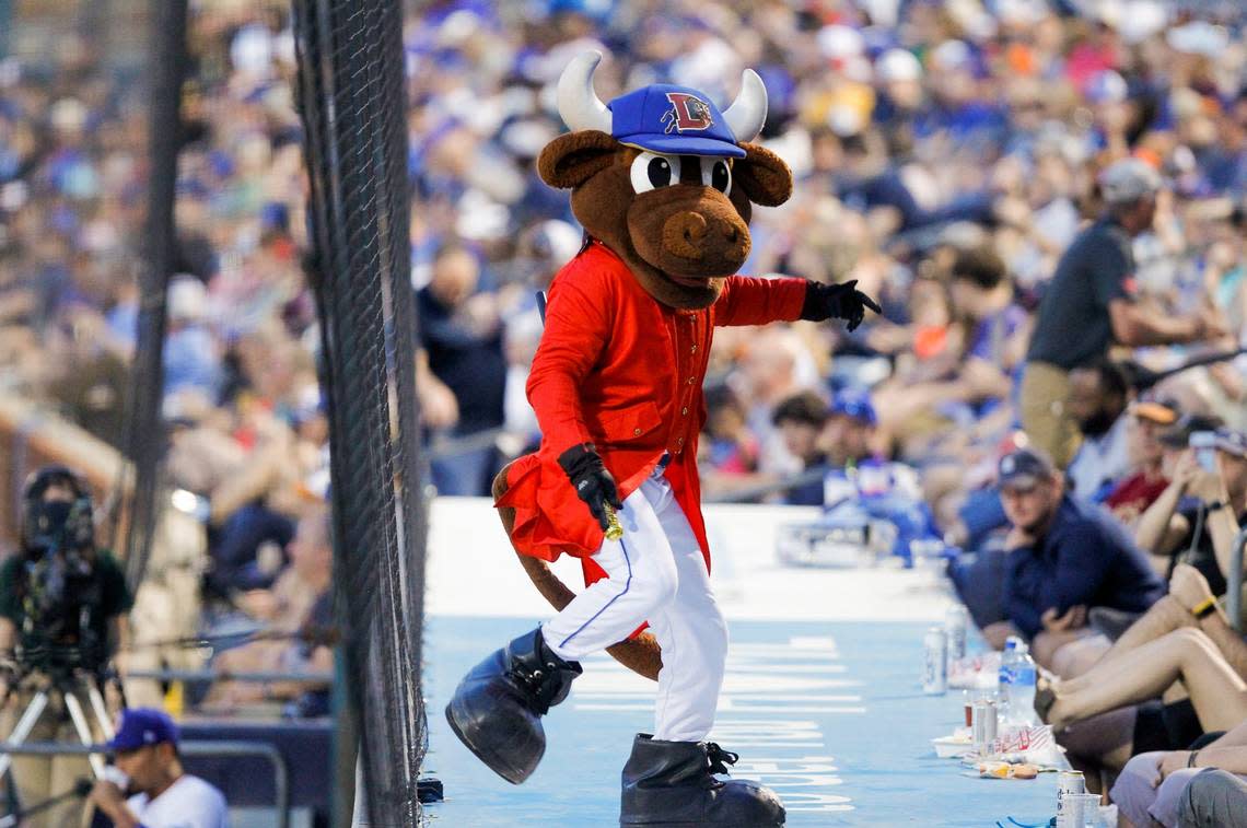 Wool E Bull hypes the crowd during the Durham Bulls season opener against the Jacksonville Jumbo Shrimp at the Durham Bulls Athletic Park, Tuesday, April 12, 2022.